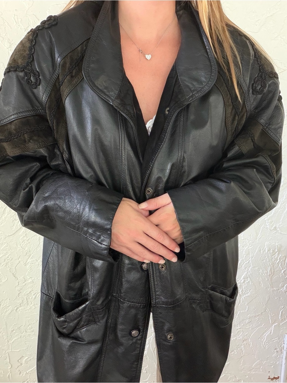 Vintage Euro Black Leather Button-Front Jacket with Decorative Shoulder Detail